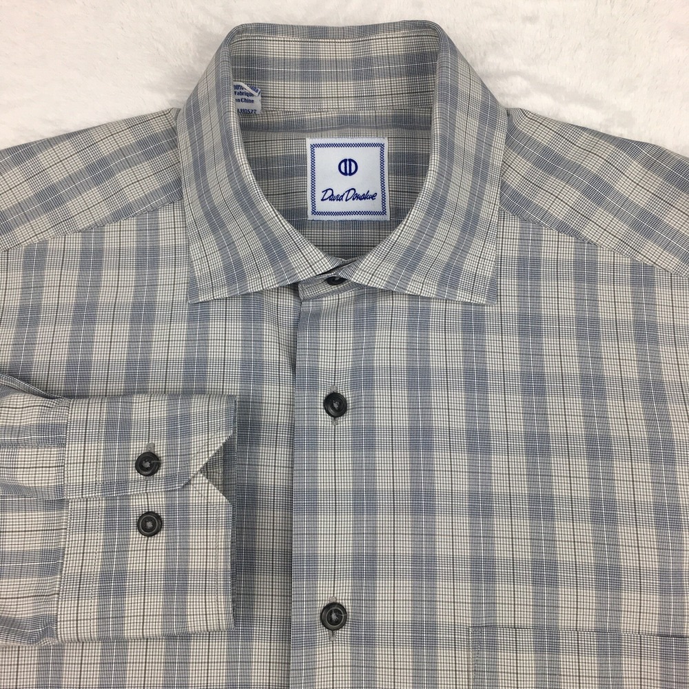 David Donahue Dress Shirt Men's Medium Gray Checks Regular Fit